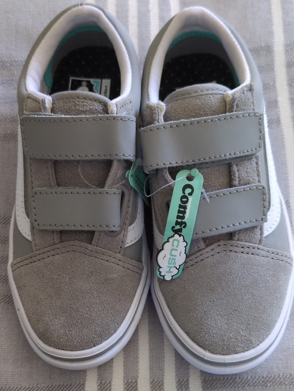 Vans Kids Gray and White Velcro Sneakers with Teal Tag